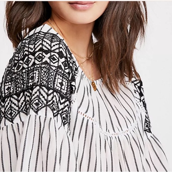 Free People Mini Dress Tunic Lola Tiered Off White & Black Embroidered Dress NWT - Picture 2 of 12